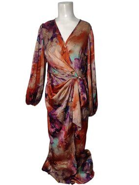 Shein Satin Floral Full Wrap Maxi Dress S Watercolor Balloon Sleeves Artsy